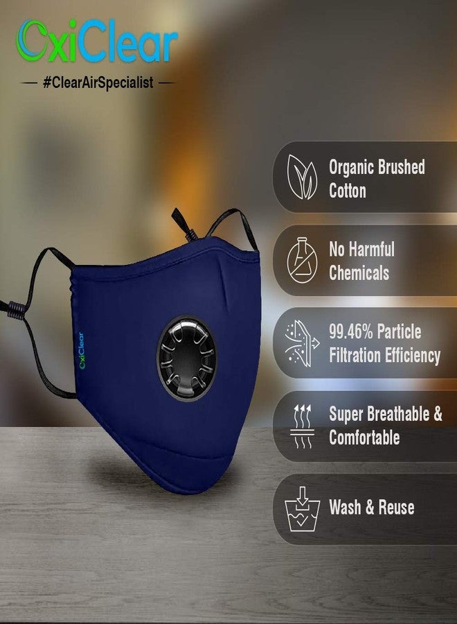 OxiClear قناع وجه أوكسي كلير N99 المضاد للتلوث، قابل لإعادة الاستخدام، مزود بـ 4 فلاتر من الكربون النشط وعصابة رأس قابلة للفصل، معتمد من منظمة البحث والتطوير الدفاعية (DRDO) (أزرق ملكي)، للجنسين، مزود بصمام، عبوة من قناع واحد مع 4 فلاتر - Image 2